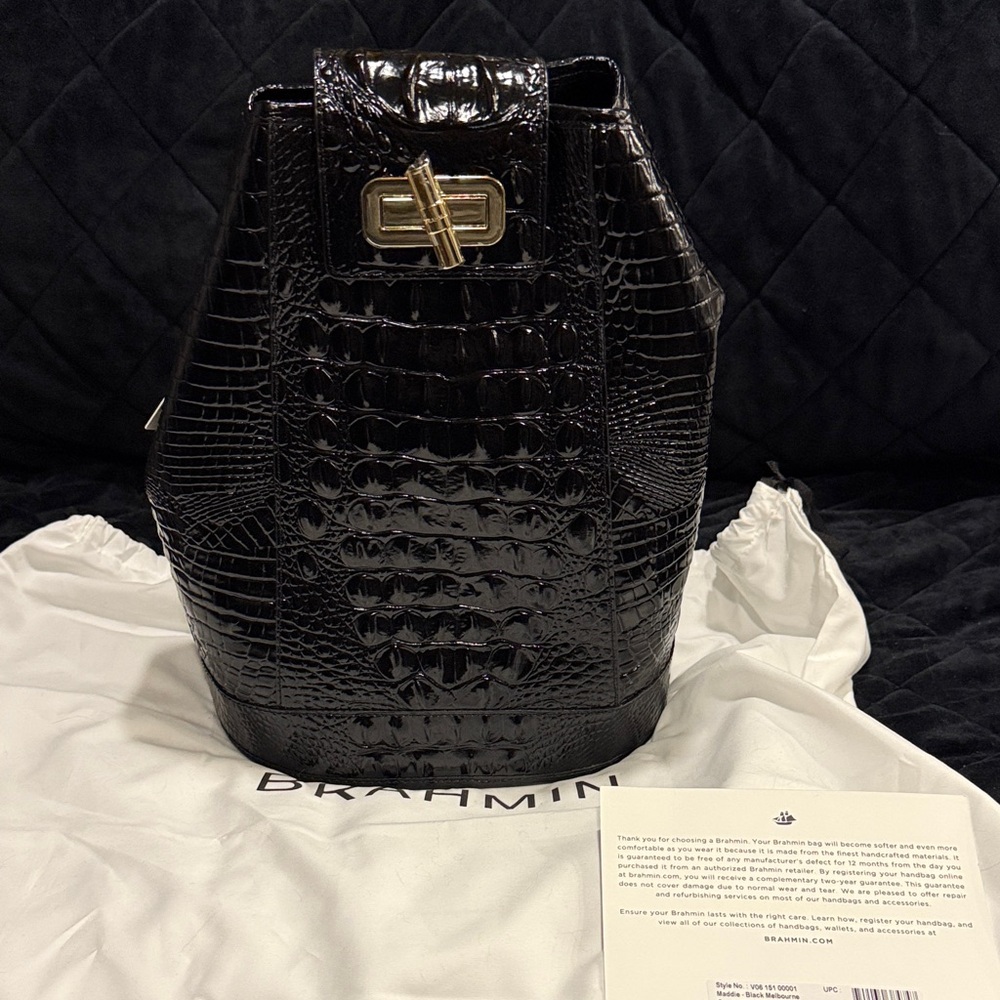 Brahmin Glossy Black Croc-Embossed Backpack Maddie Melbourne